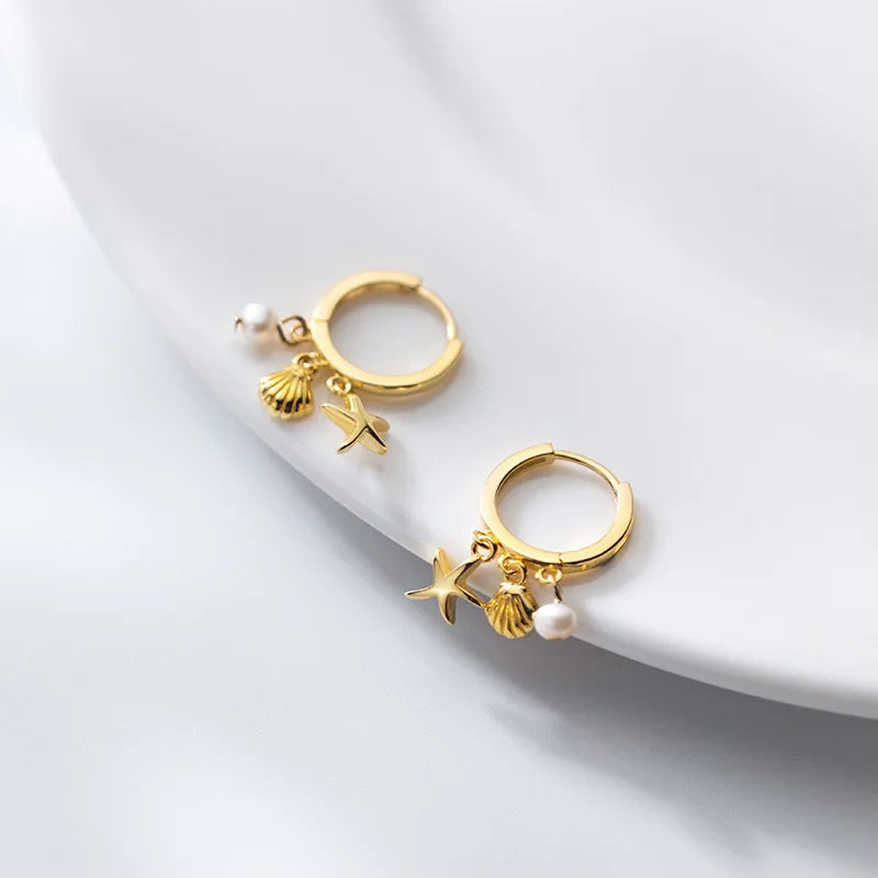 Daidan Summer Earrings Women Freshwater Pearl Boho Starfish Seashell 925 Silver Pearl Hoop Earring