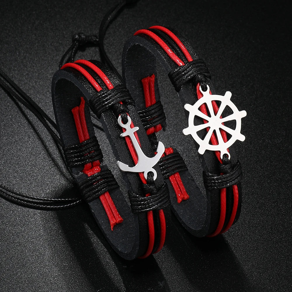 2023 New Design Stainless Steel Rudder Anchor Woven Leather Bracelet Metal Helm Bangle Charm Bracelets Men Jewelry