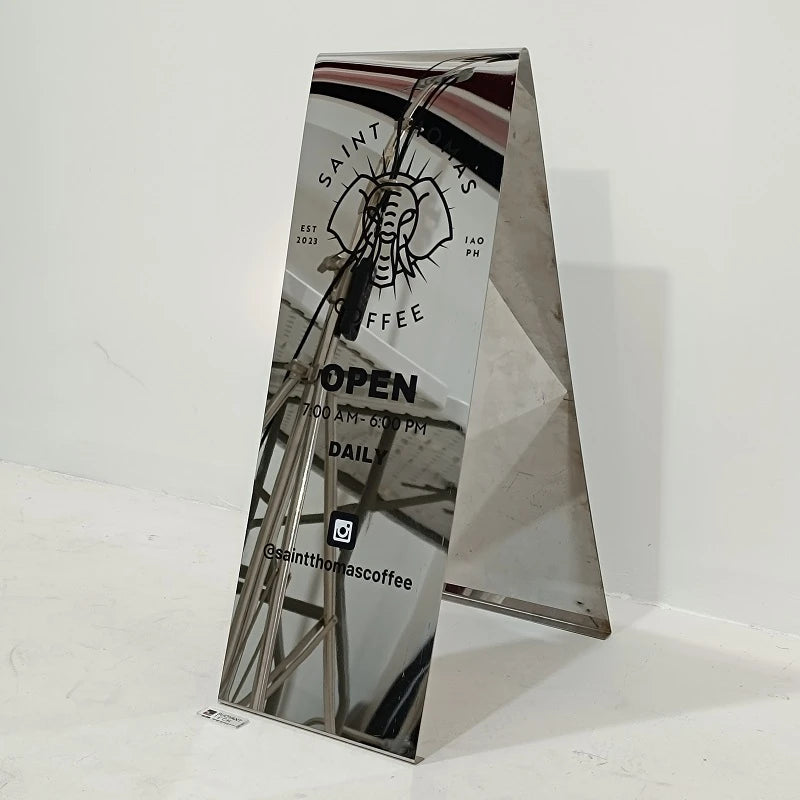 Custom Pattern Mirror a Frame Sign Commercial Sidewalk Outdoor Floor Stand Advertising Metal Coffee Shop Mirror Sign Board