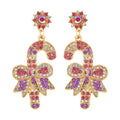 SC Funny Candy Cane Drop Christmas Earrings Shiny Colorful Rhinestone Statement Earrings Sweet Bowknot Santa Crutch Earrings