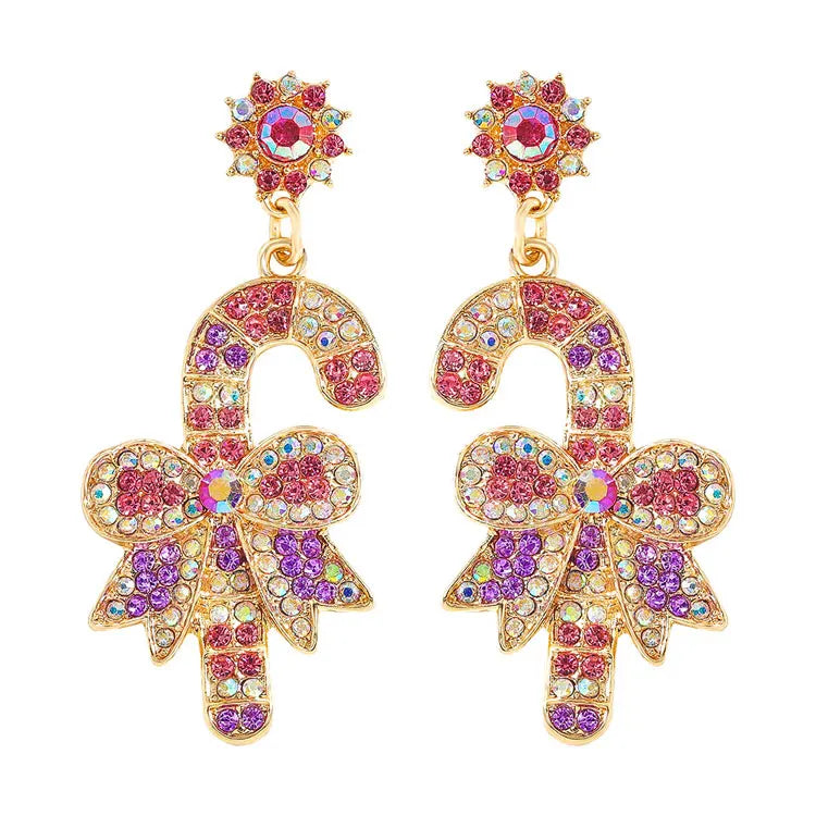 SC Funny Candy Cane Drop Christmas Earrings Shiny Colorful Rhinestone Statement Earrings Sweet Bowknot Santa Crutch Earrings