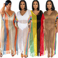 STOCK 3Colors Short Sleeve Crochet Dress Bikini Cover Ups See Throught Kaftan S-XL