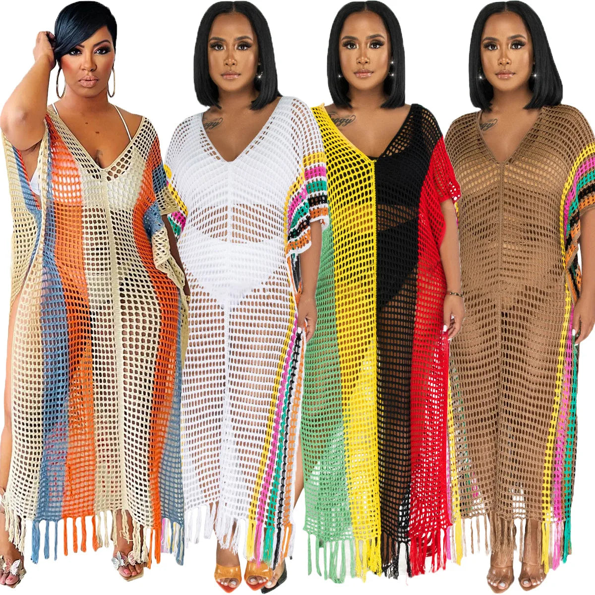 STOCK 3Colors Short Sleeve Crochet Dress Bikini Cover Ups See Throught Kaftan S-XL