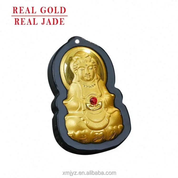 Certified 4D Gold Inlaid Jade Pendant Gem Guanyin  Buddha Natural Jade Hetian Couple