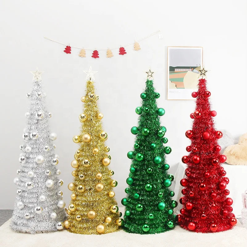 Hot Sale Artificial Folding PET Tinsel Christmas Tree with Plastic Ball 150cm Tree for Christmas Decoration