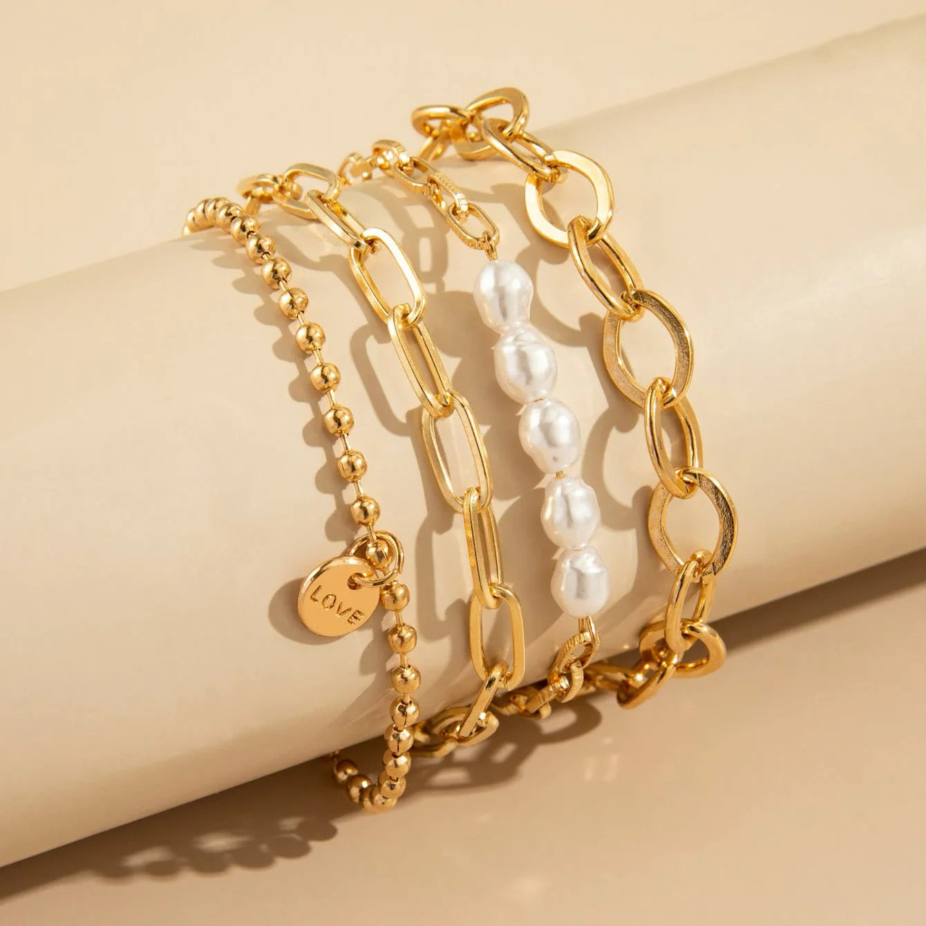 SC 3 Pieces Adjustable Bracelets Set Fashion Punk Multilayer Gold Plated Thick Chain Bracelets Love Disc Pearl Bracelet