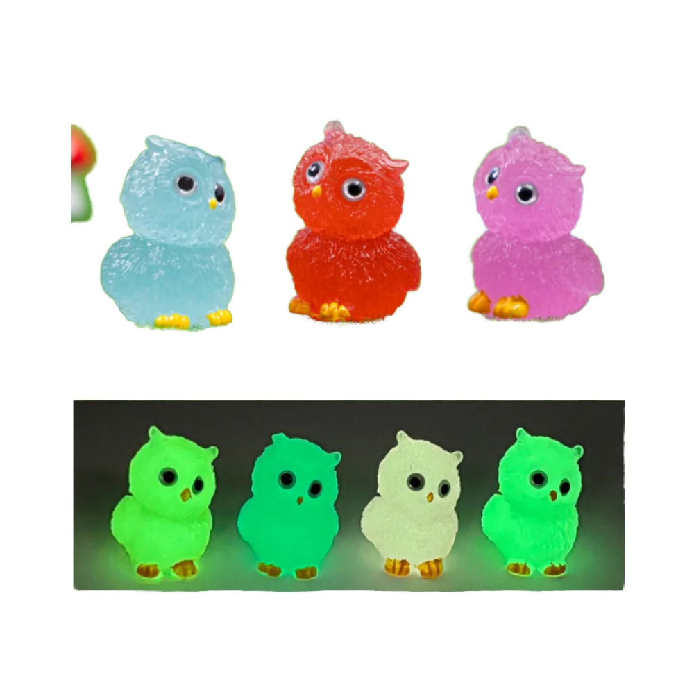 Vintage Mini Cute Animals Garden Ornament Glowing Luminous Miniature Cartoon 3D Owl Figurines Small Resin Status DIY Kid Toys