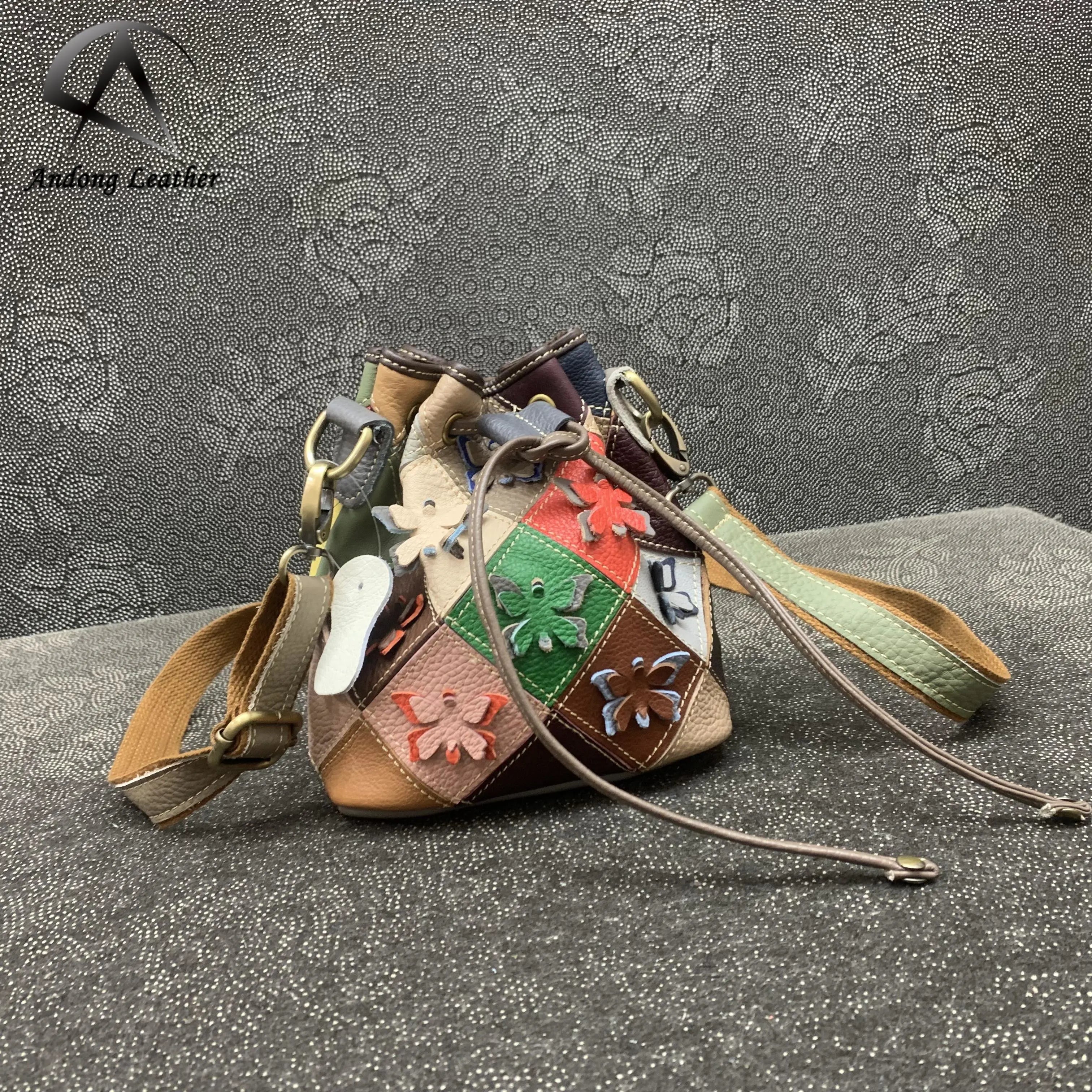 Andong Leather Shoulder Bag for Women Genuine Cow Leather Colored Cow Hide Fashion Crossbody Bag Simple Small Bucket Bags 1309