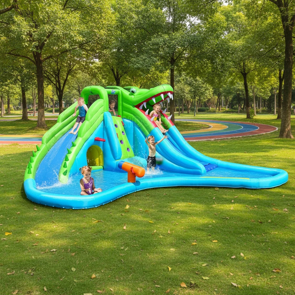 Water Slide Park Crocodile Inflatable Dual Slides Climbing Wall Splash Pool Eco-Friendly 200KGS Capacity New