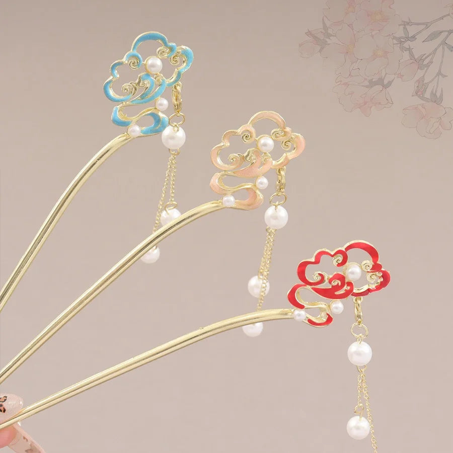 Chinese Style Pearl Tassel Hair Clip for Women Auspicious Clouds Hair Stick Pins Handmade Hairpins Charm Jewelry Hair Ornaments