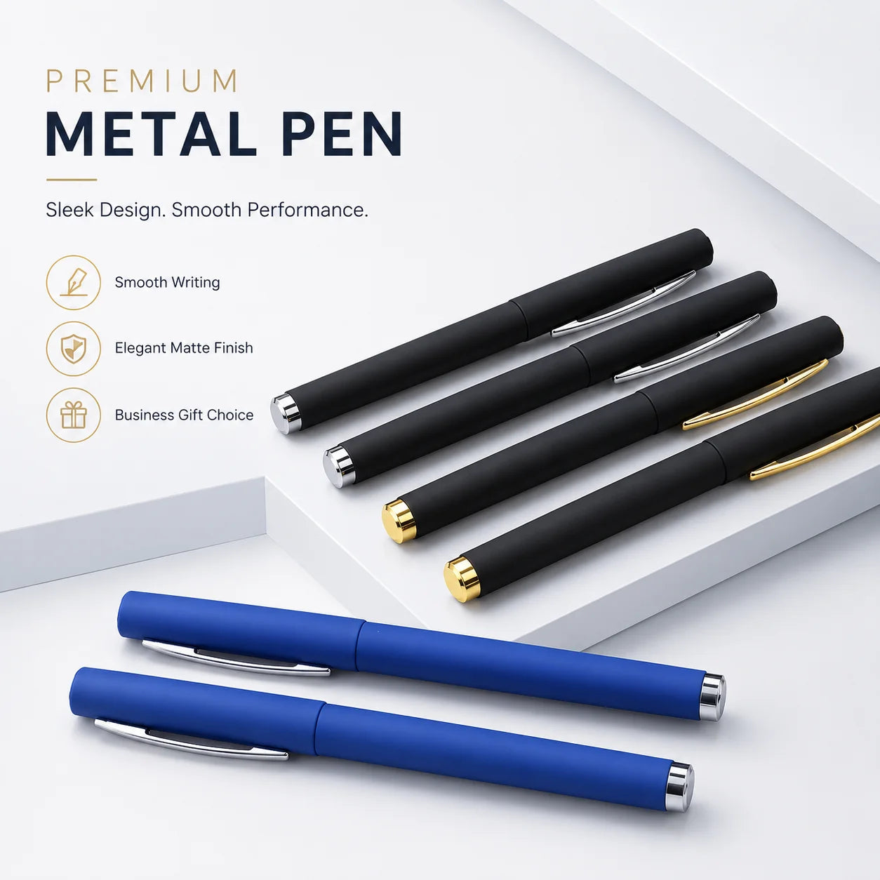 Blue and Black Gel Pens with Metal Accent Custom Logo Printing Support for Office and School Use