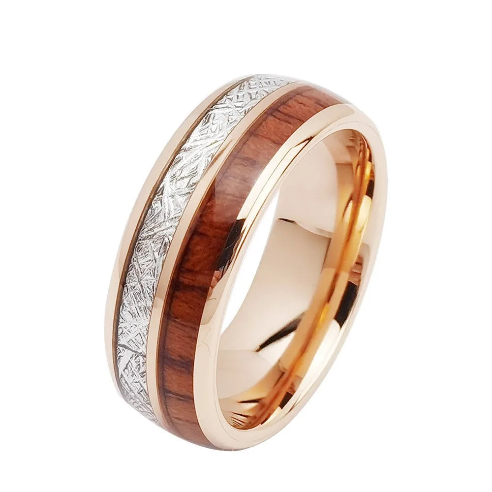 POYA 6mm 8mm Rose Gold Tungsten Ring Inlay Meteorite and Wood Comfort Fit Luxury Wedding Ring
