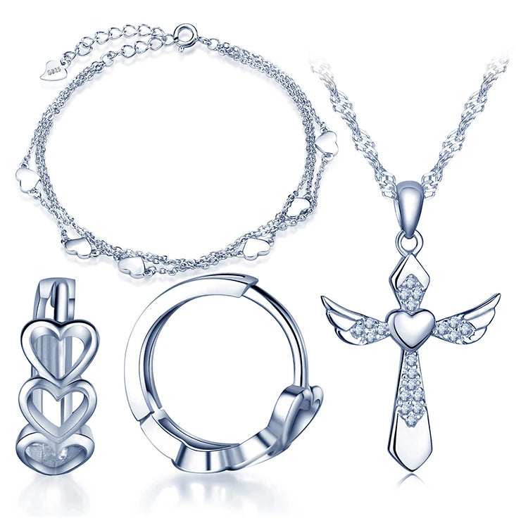 Heart Hoop Earrings Bracelets Cross Necklaces 925 Silver Jewelry Sets