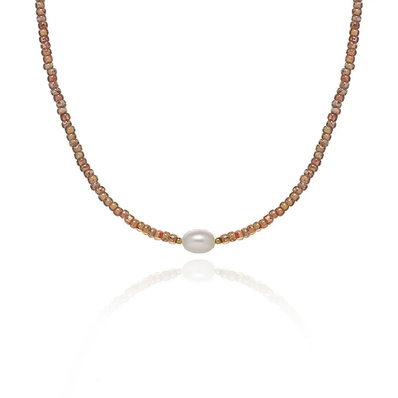 JOOLIM High End Stainless Steel Colorful Light Amber Glass Fresh Water Pearl Necklace 18K Gold Plated Jewelry Wholesale