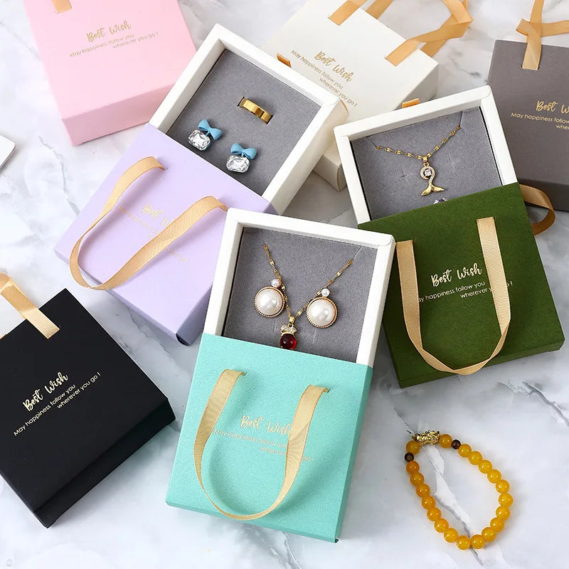 Custom Luxury Foldable Drawer Sliding Kraft Paper Jewelry Packaging Gift Box Hot Stamping Printed with Ribbon Handle for Candles