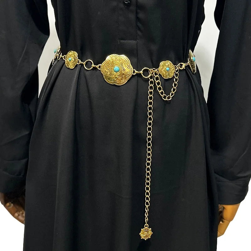 Retro Ethnic Ladies Metal Belt Wide Waist Chain with Skirt Chain Decoration