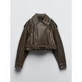 Women Vintage Loose Pu Faux Leather Short Jacket With Belt Streetwear Female Zipper Retro Moto Biker Coat Outwear Tops