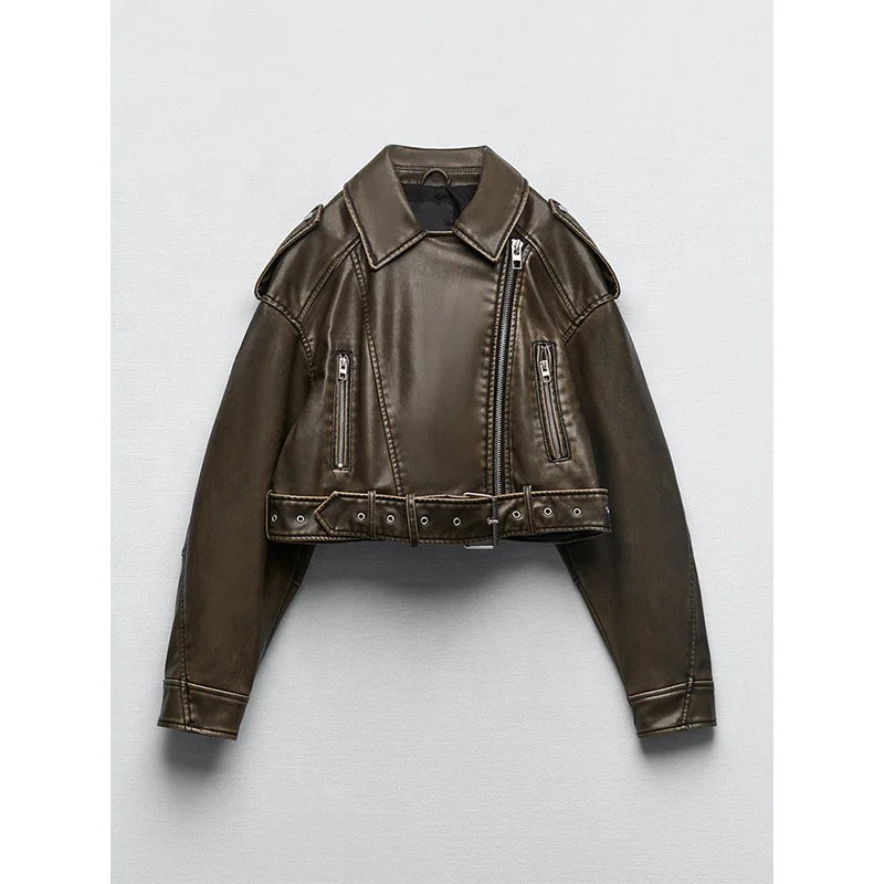 Women Vintage Loose Pu Faux Leather Short Jacket With Belt Streetwear Female Zipper Retro Moto Biker Coat Outwear Tops
