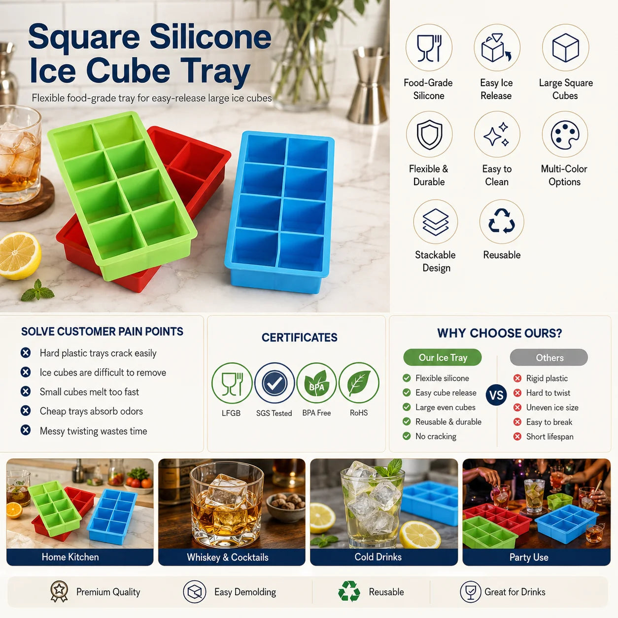 Custom Logo Stackable Easy Release Square Silicone Ice Cube Tray OEM ODM Reusable Flexible Ice Mold with Private Label Packaging