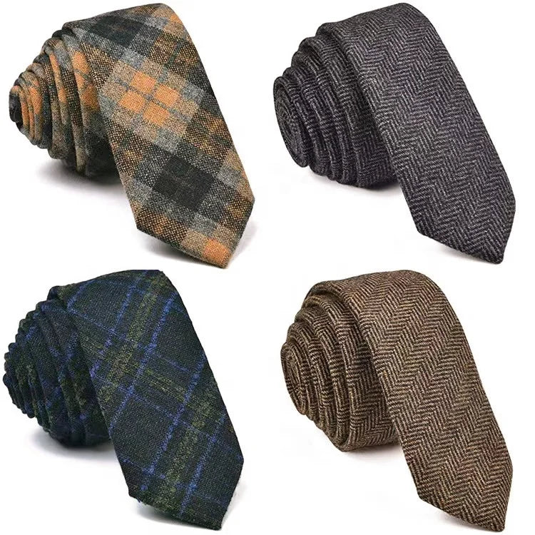 Hot Sale Luxury Italian 6cm Men's Wool Slim Woolen Skinny Necktie Navy Grey Tartan Plaid Classic Design Mens Neckties