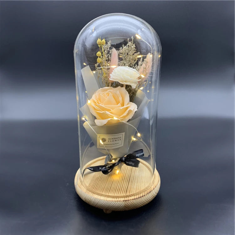 Wholesale Party Christmas Gift Home Decoration Silk Flower With Led Light Artificial Sop Rose Flower Mini Bouquet in Glass Dome