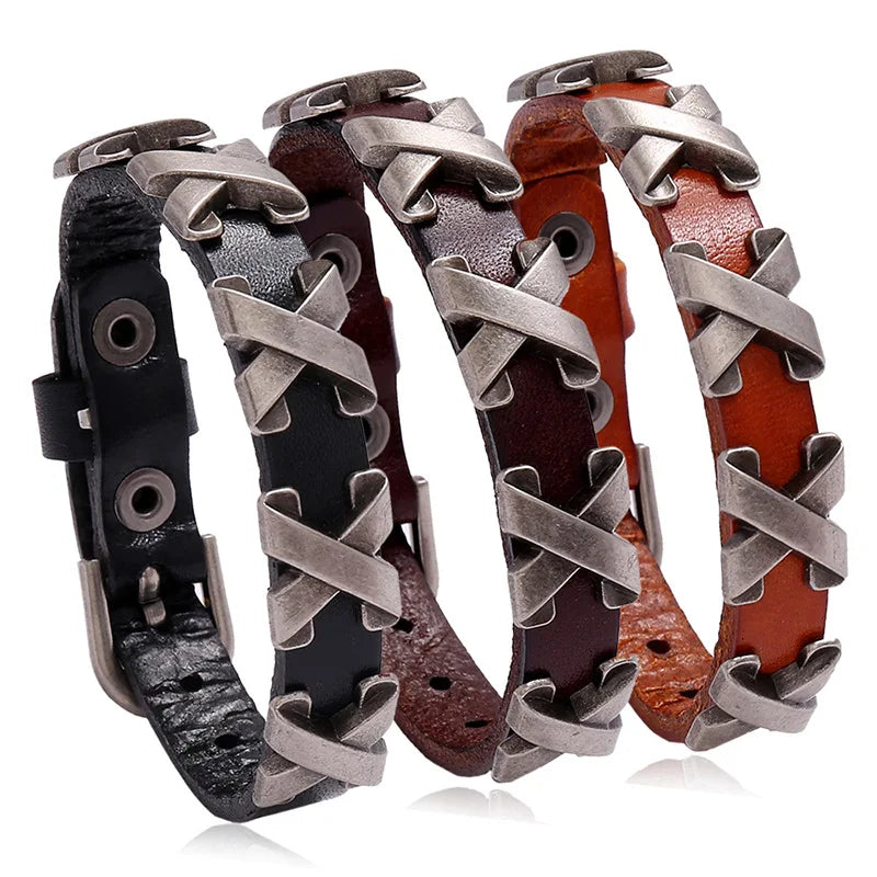 Fashion Jewelry Classic Cross Punk Vintage Cowhide Alloy Antique Silver Plated Geometric Cuff Bracelets Wholesale Hot Selling