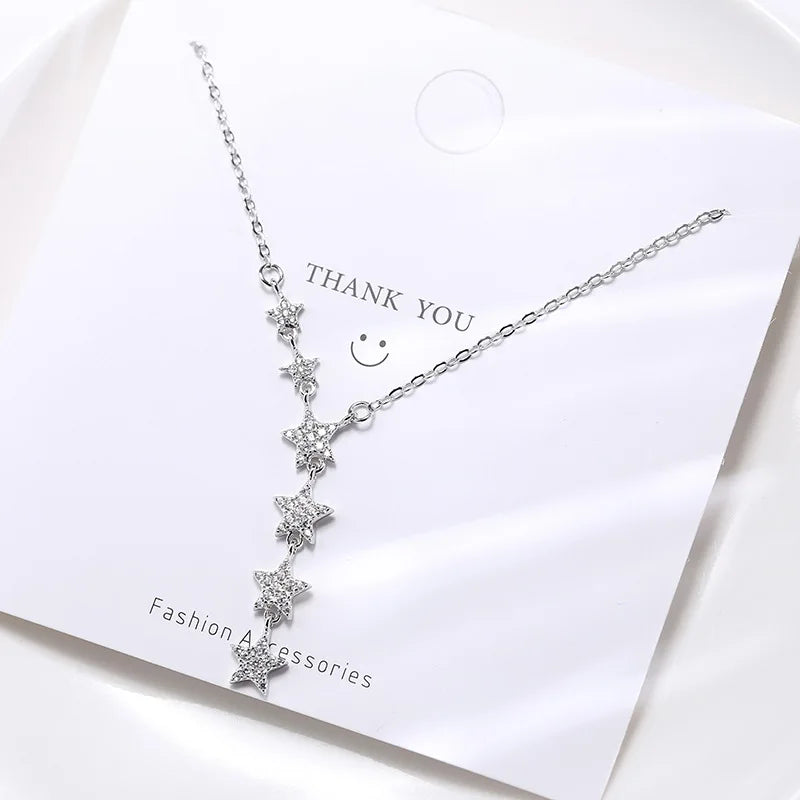 Fashion Party Jewelry Necklace Pave Cubic Zirconia a Row Star Pendant 925 Sterling Silver Necklace for Women