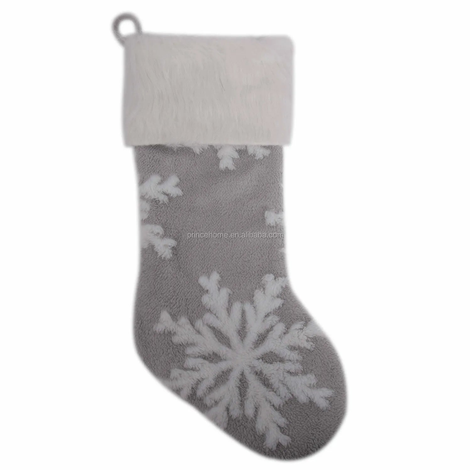 Jacquard Snowflake Christmas Stocking with White Faux Fur Cuff Silvery Soft Fabric Decoration