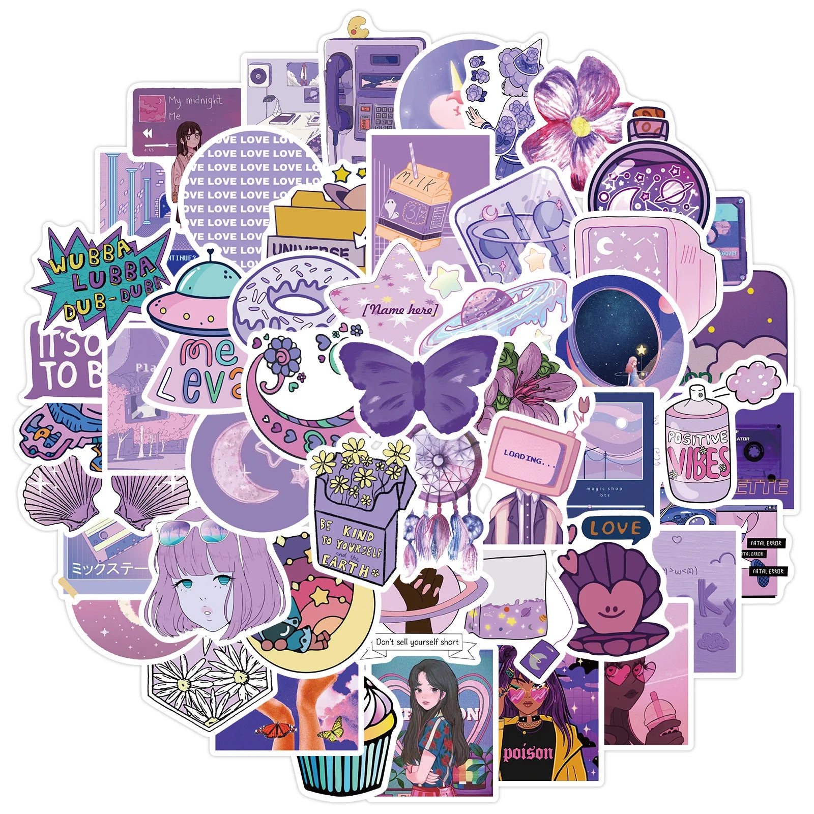 50Pcs Originality Purple Girlish Graffiti Stickers Skateboard Guitar Decorative Stickers DIY Waterproof Gift Sticker for Kids