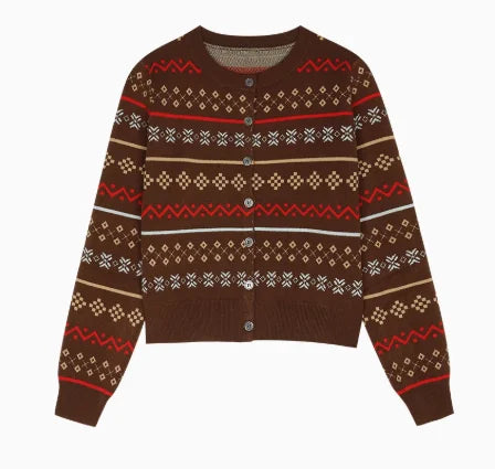Autumn Winter Fair Isle Vintage Sweater for Women New Christmas Atmosphere Knitted Cardigan Fashionable Short Coat Button