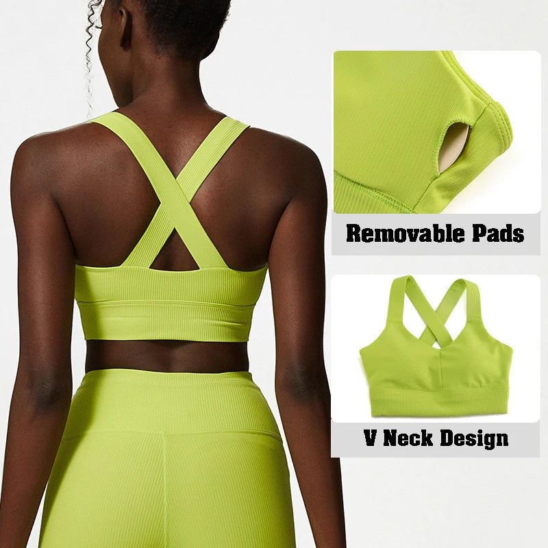 Hot Sale Ribbed Cross Back Yoga Bra Sexy High Impact Training Sports Bra Top Women Workout Running Gym Wear Outfit