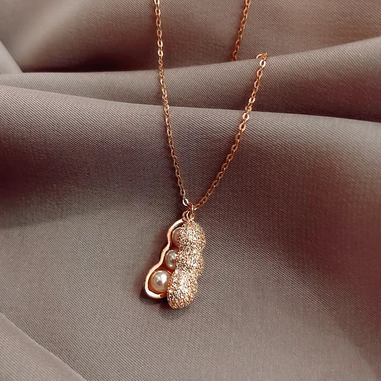 BINSHUO Hiphop Brass 14K Gold Plated Peanut Pearl Charm Necklace for Anniversary