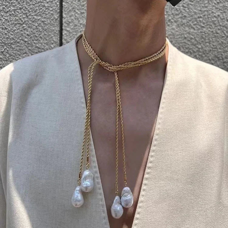 Aimgal Retro Elegant Natural Baroque Pearl Body Chain Long Cable Pendant Necklace Bikini Chain Fine Jewelry Wholesale