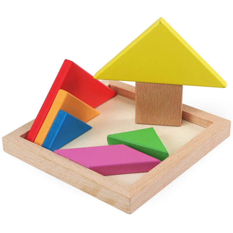 DIY Wooden Tangram 3D Jigsaw Puzzle Stacking Blocks Educational Learning Toy for Kids Boys Girls