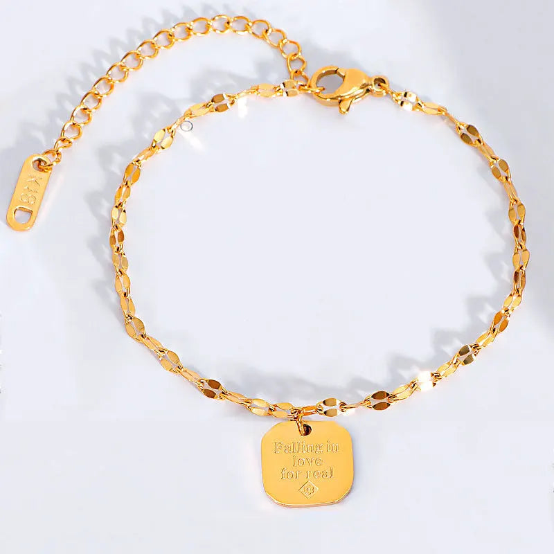 Fashion Trendy Stainless Steel Mouth Chain Gold Plate with square Falling in love for Real Pendant Bracelet Jewelry