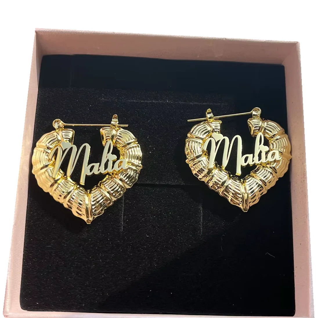 QIUHAN OEM Waterproof Stainless Steels Letter Heart Bamboo Hoop Name Earrings for Girls