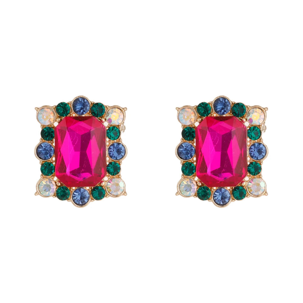 Vintage Crystal Diamond Geometric Earrings Women Bling Bling Large Rhinestone Square Round Stud Earrings