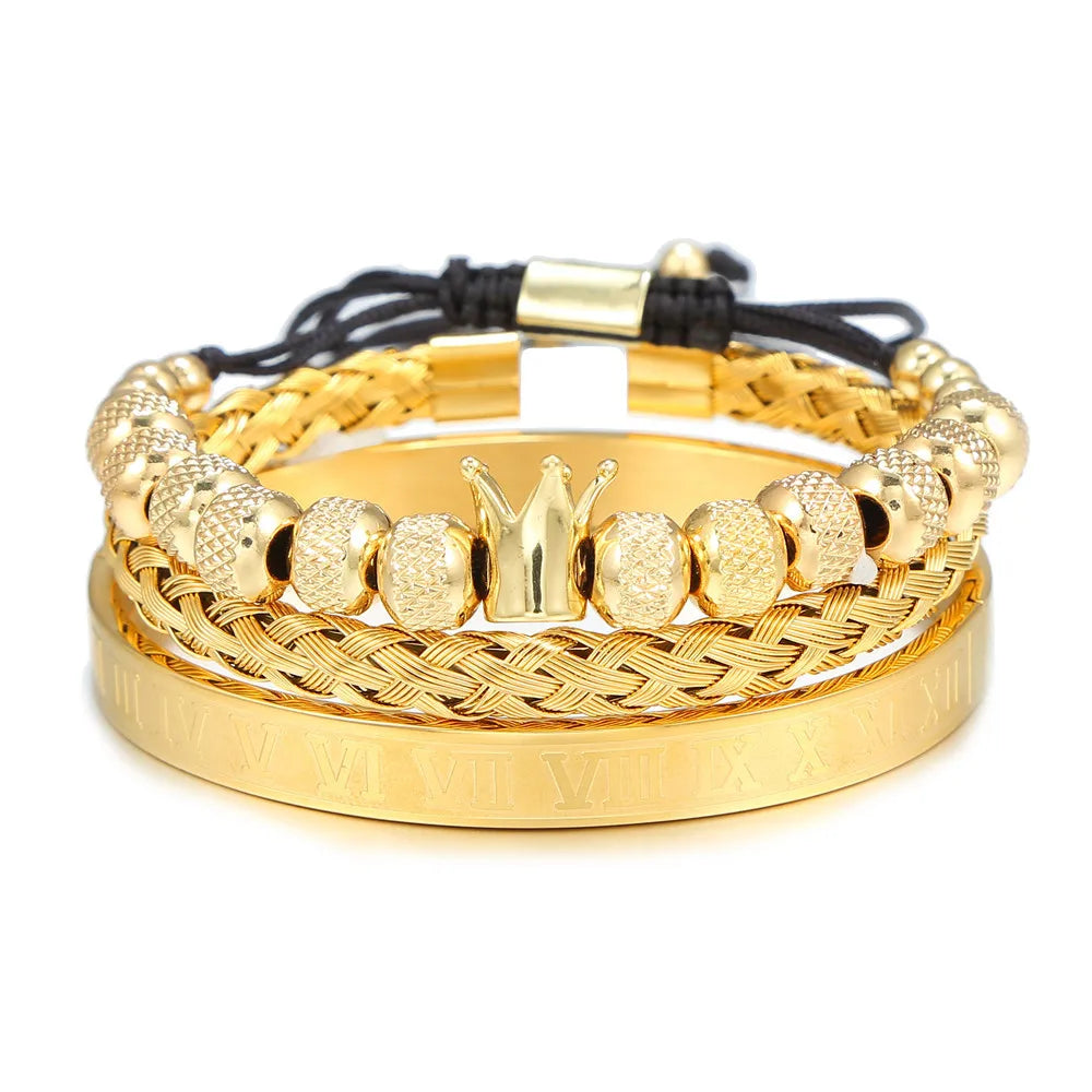 Custom Logo Men Black Gold Silver Plated Bead Rope 3pcs Crown Bracelet Set