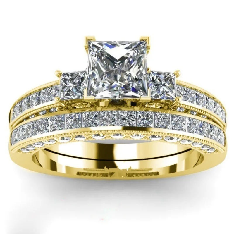 Wholesale Fashion Square Diamond Wedding Rings 18K Gold Plated Engagement Band Rings Set for Couple