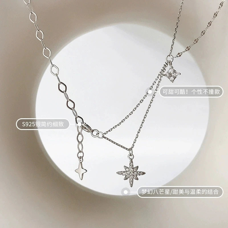 FY-0309 S925 Sterling Silver Hexagram Necklace Unique Design Simple and Elegant Tassel Double-Layer Clavicle Chain for Women