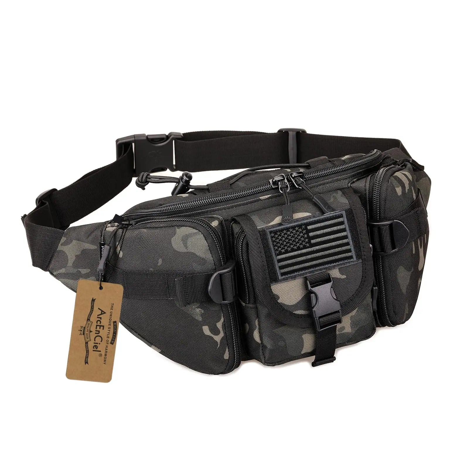 Black Camo Large Waterproof Tactical Concealed Carry Running Fannypack With Multi Pockets and Compartments
