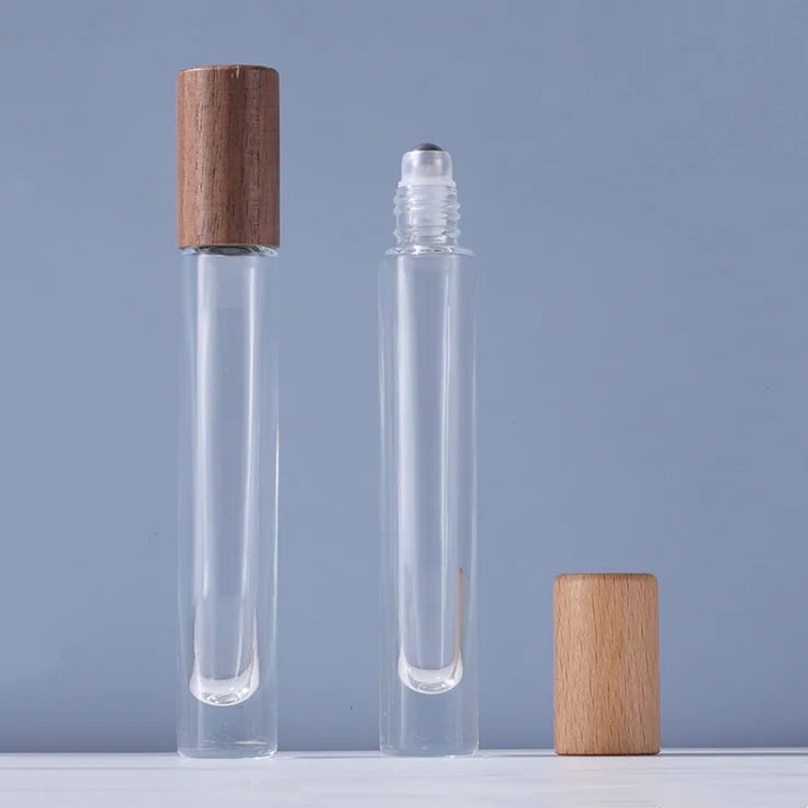Wholesale Beech-cover Walnut-cover Essential Oil Roller Bottle 10ml Glass Roll on Perfume Bottle for Cosmetic Packaging