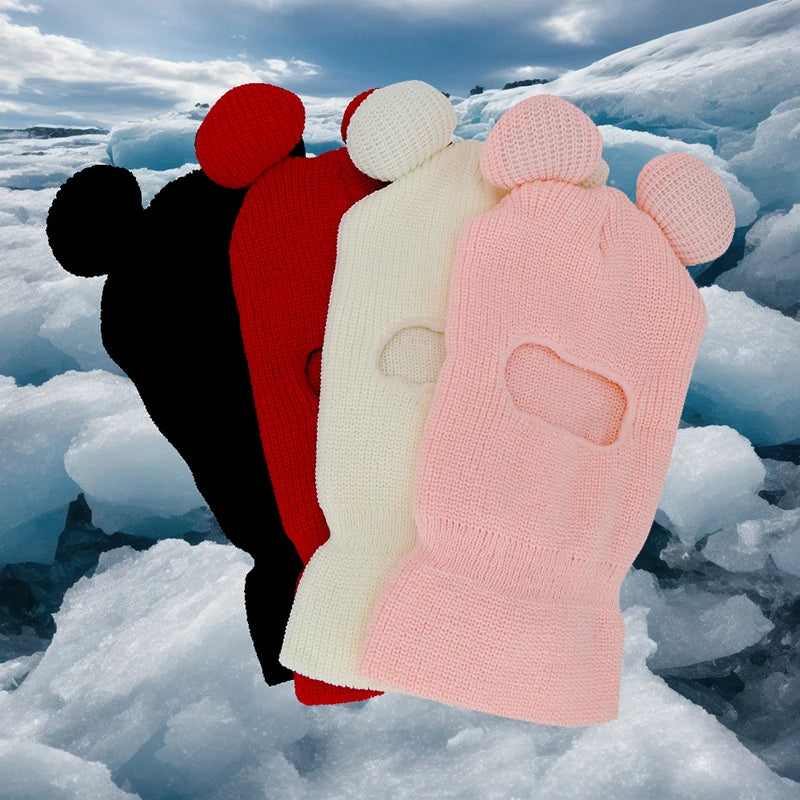 Custom Y2K Style Winter Knitted 100% Acrylic Balaclava Beanie Micky Ears Ski Mask Sublimation Printed Soft Warm Outdoor Sports