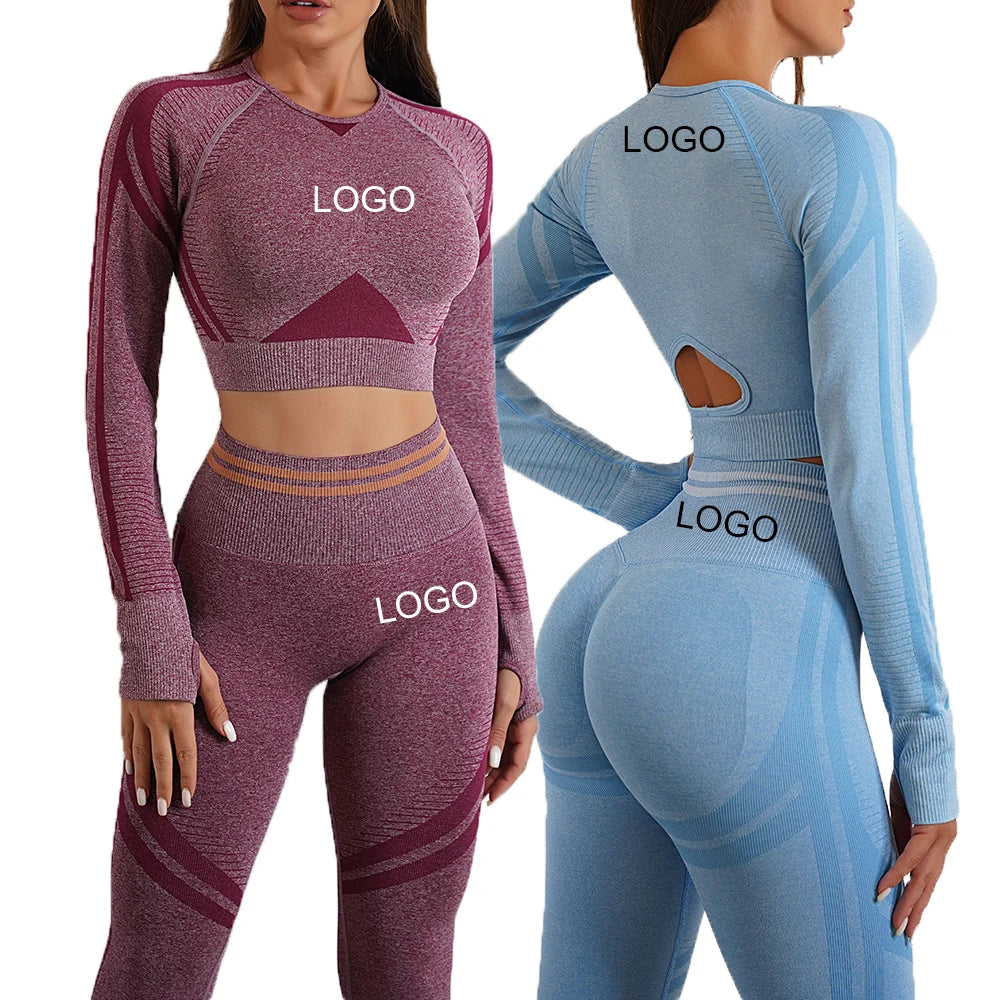 Joyyoung Seamless Yoga Set Women Long Sleeve Crop Top High Waisted Leggings Tummy Control Gym Fitness Workout Outfits Sportswear