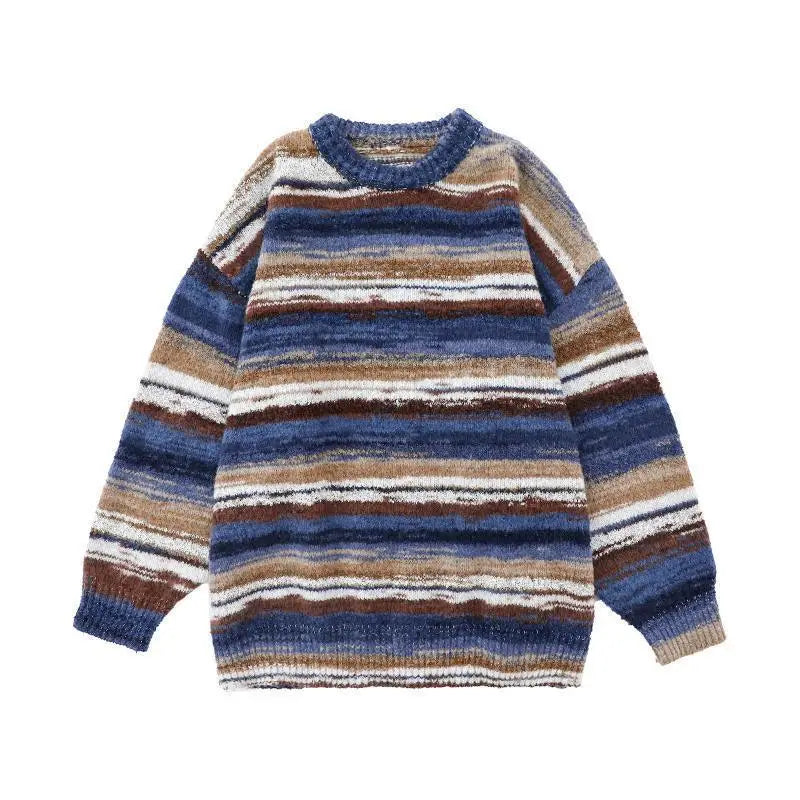 Factory Wholesale Autumn Fashion Men's Sweater O-neck Striped Knit Pullover Retro Color Block Design Lazy Style Sweater for Man