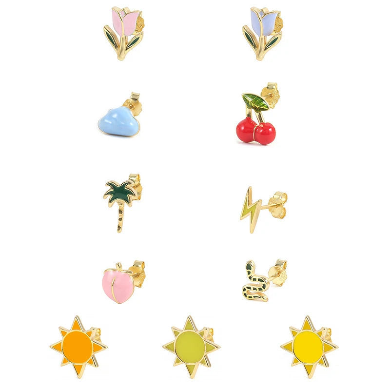 Cute Style 925 Silver Enamel Earrings Gold Plated Studs Women Jewelry Gift Suitable High Quality Wholesale