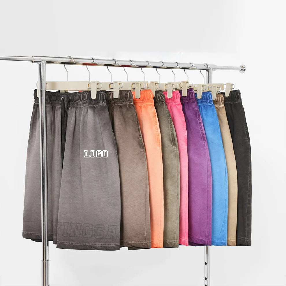 Custom Men Vintage Sun Dye Fade Sweat Cotton Shorts Raw Edge Puff Printing Men's Acid Wash Shorts