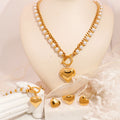 Fashion 4 Pcs Jewelry Set Personalized Double-Layer Pearl Heart Chain 18k Gold Plated Stainless Steel Necklace  Earrings Rings