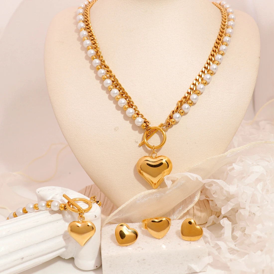Fashion 4 Pcs Jewelry Set Personalized Double-Layer Pearl Heart Chain 18k Gold Plated Stainless Steel Necklace  Earrings Rings