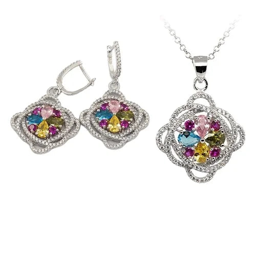 Flower 925 Silver Fashion Jewelry Jewelry Sets Pendant Necklace Earrings Color Flower CZ Cubic Zircon Multic Color Jewelry Set
